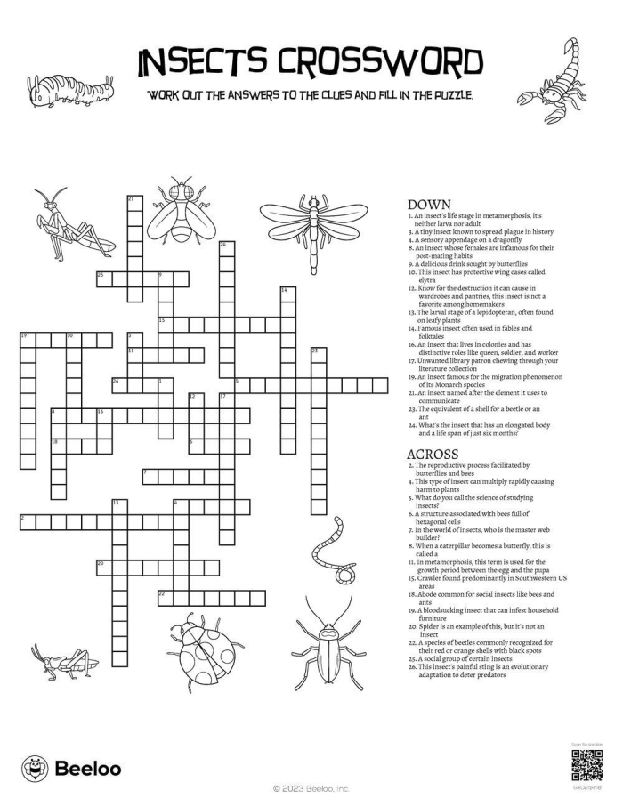 Engaging insect crossword puzzle for spring life science activities Spring-themed crossword worksheet featuring various insects for second graders