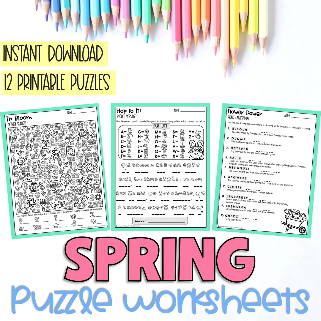Decimals worksheet for First Grade Spring Find It! worksheet featuring a colorful puzzle for first graders to match flowers by size and color. Spring Find It! worksheet for first grade students focusing on decimals with a fun flower matching activity.