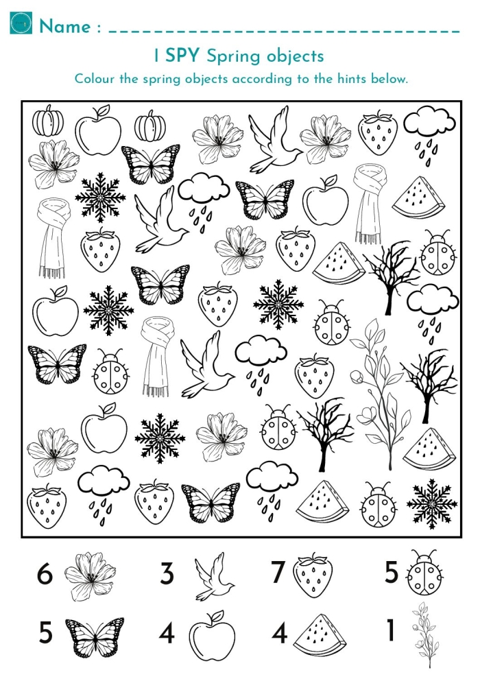 Engaging spring-themed worksheet for practicing decimals with flower matching challenge Spring Find It! worksheet featuring a colorful puzzle for first graders to match flowers by size and color