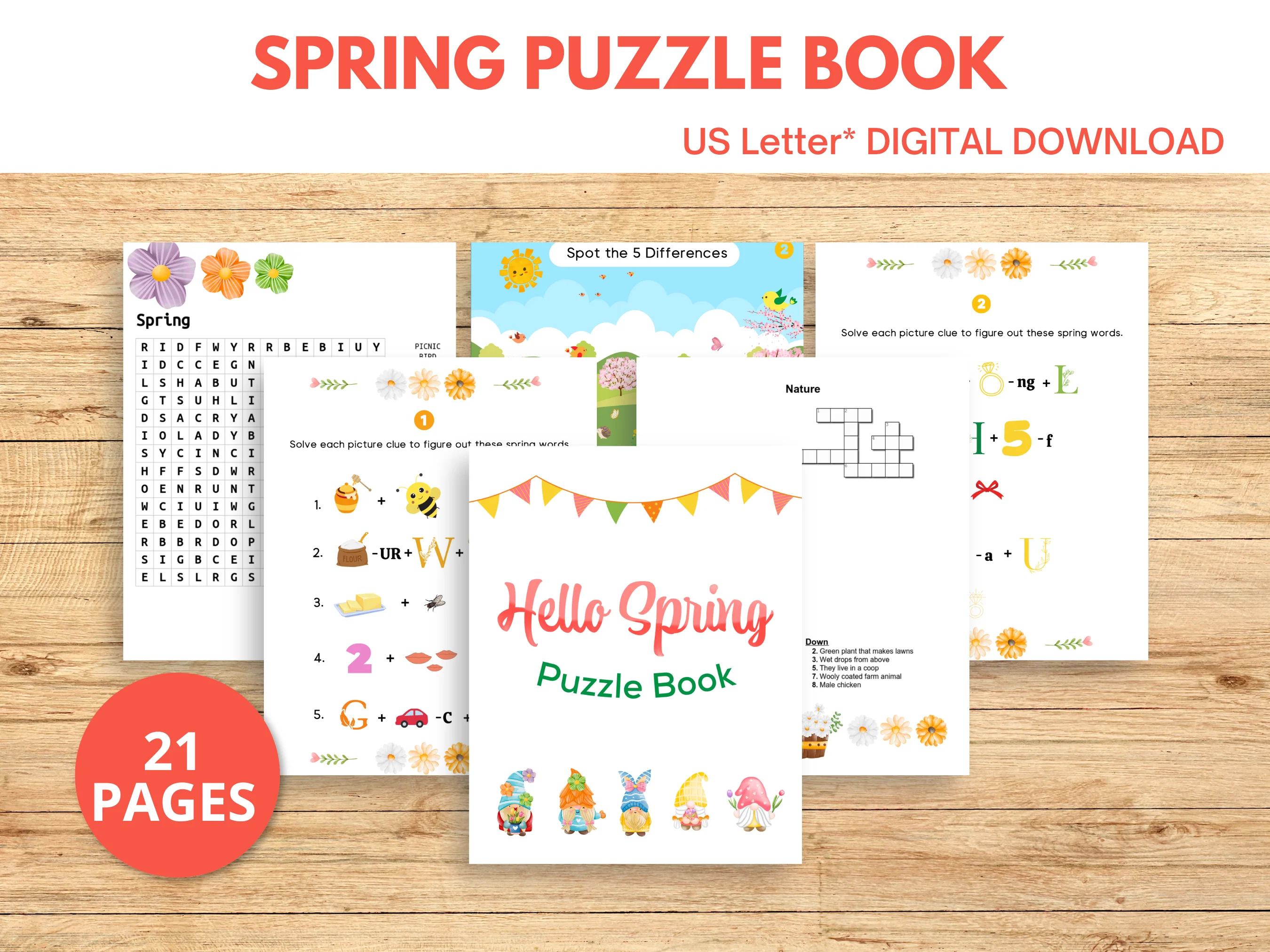 Fun spring activity image for first grade students focusing on decimals and visual matching skills Spring Find It! worksheet featuring a colorful puzzle for first graders to match flowers by size and color