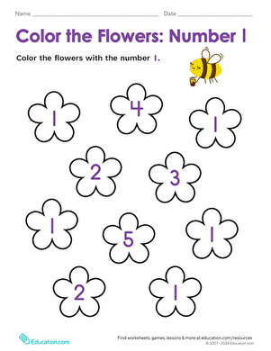 Kindergarten worksheet featuring a lucky bee visiting a cluster of sunny spring flowers to color