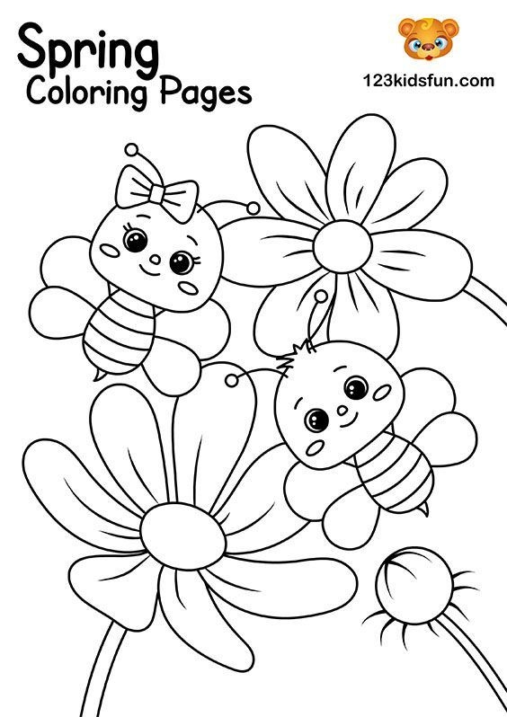 A cheerful bee discovers vibrant spring flowers on a coloring worksheet