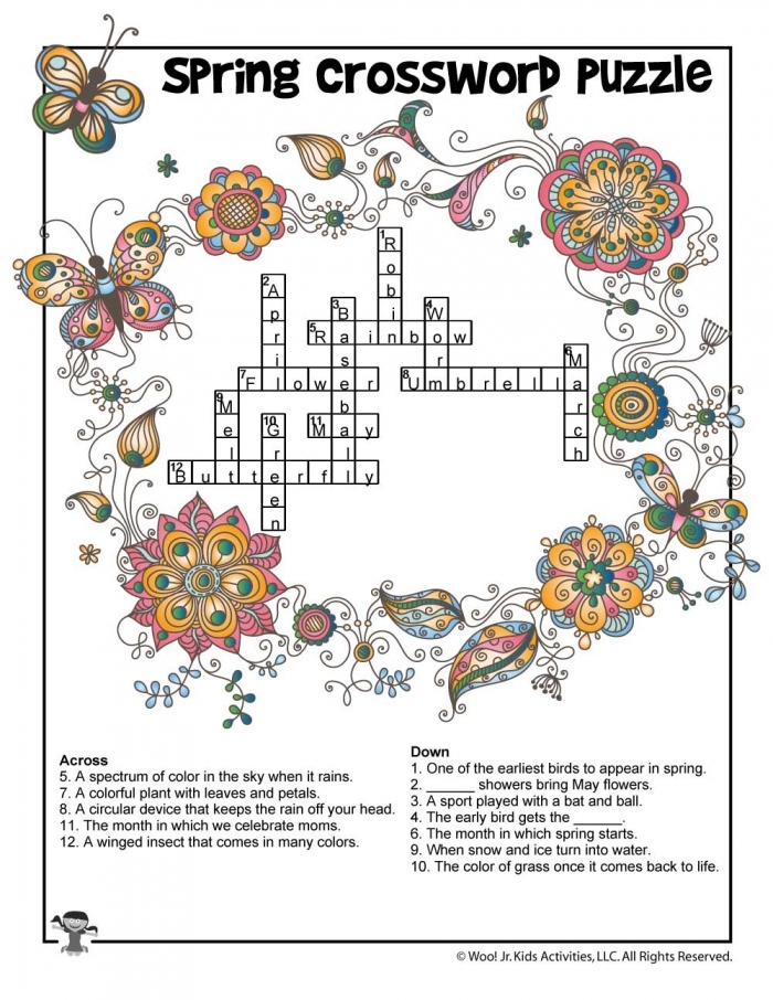 Engaging crossword puzzle to enhance spelling and vocabulary skills this spring Spring Flowers Crossword worksheet for second graders featuring colorful blooming flowers