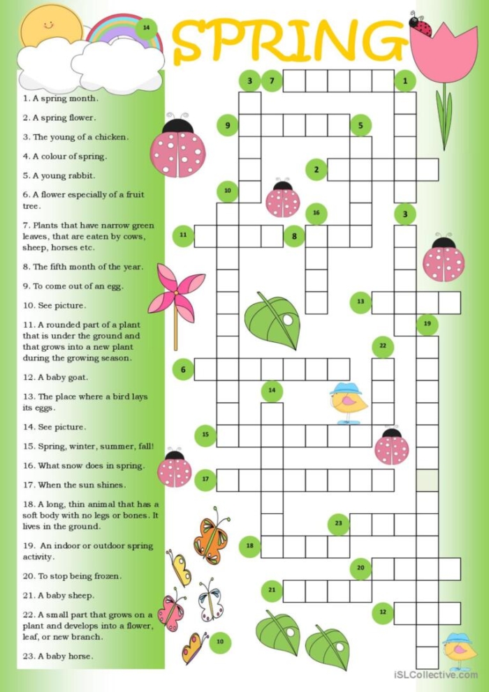 Spring Flowers Crossword worksheet for multiplication practice Colorful spring flowers in a crossword puzzle format for second graders