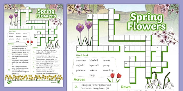 Engaging second-grade multiplication puzzle with a spring flower motif Spring Flowers Crossword worksheet featuring colorful blooms and rain-themed clues