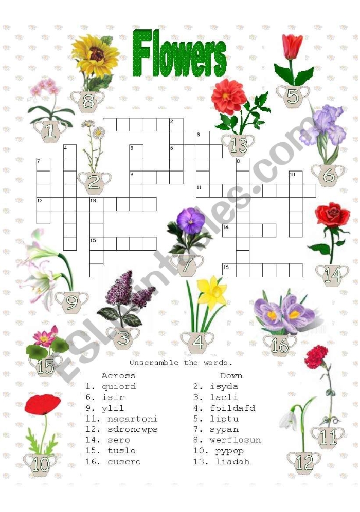 Engaging Spring Flowers Crossword worksheet for second graders Colorful spring flowers surrounding a cheerful crossword puzzle for kids