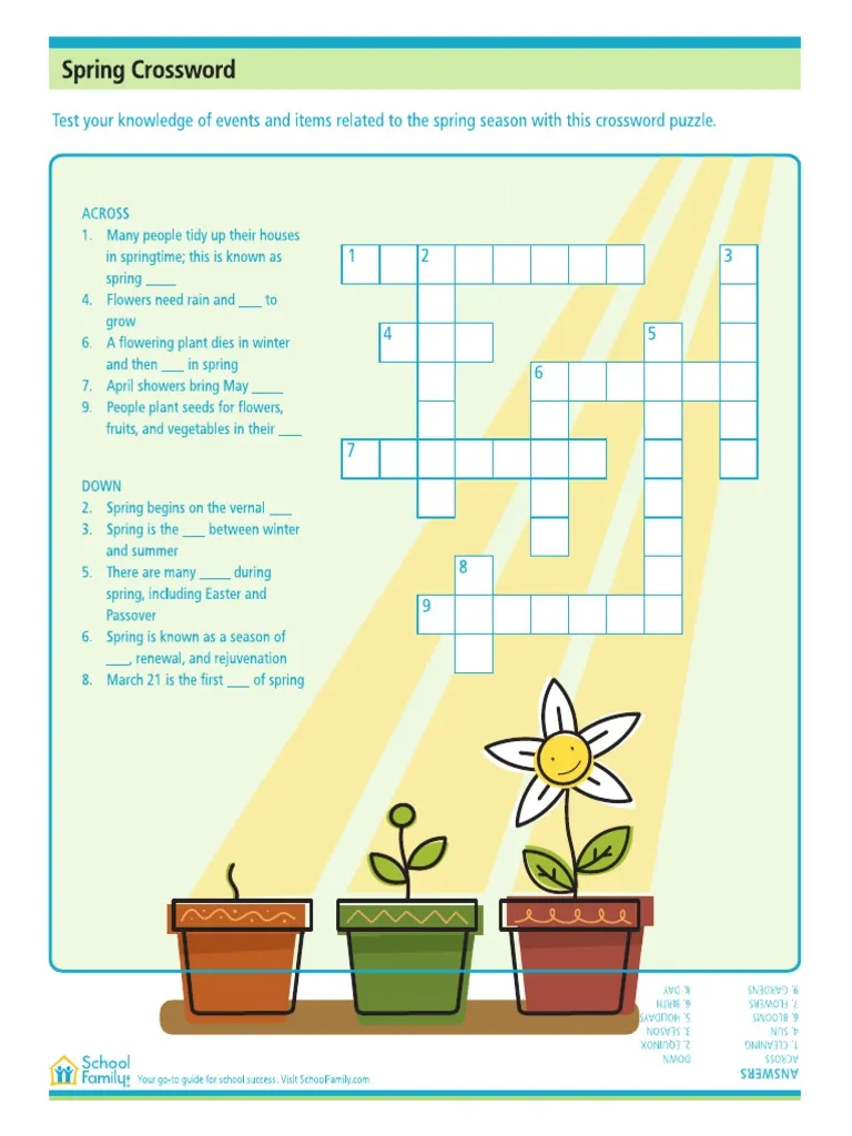 Second grade spring themed crossword puzzle worksheet featuring basic fraction vocabulary