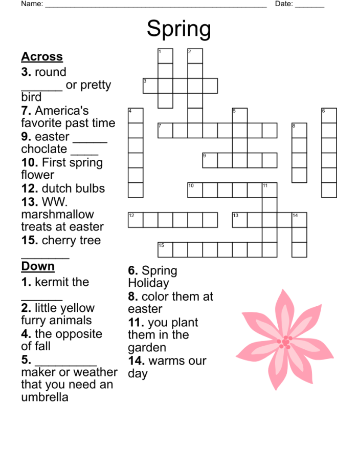 Second grade student filling out a Spring Crossword Puzzle worksheet featuring fractions