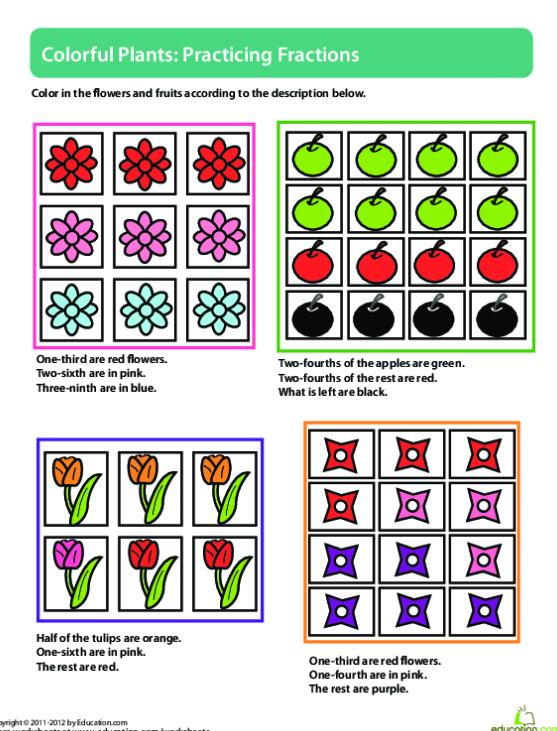 Third grade student worksheet featuring colorful spring illustrations to teach fractions of a set