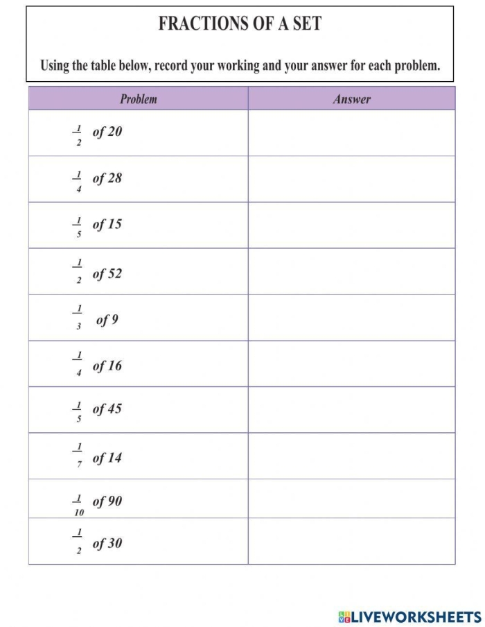 Colorful spring-themed worksheet on fractions of a set for third graders