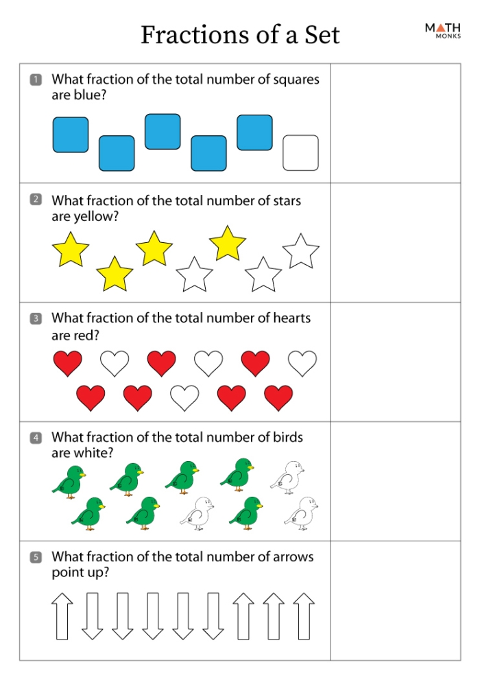 Third grade students practicing fractions of a set with colorful spring themed items worksheet 19
