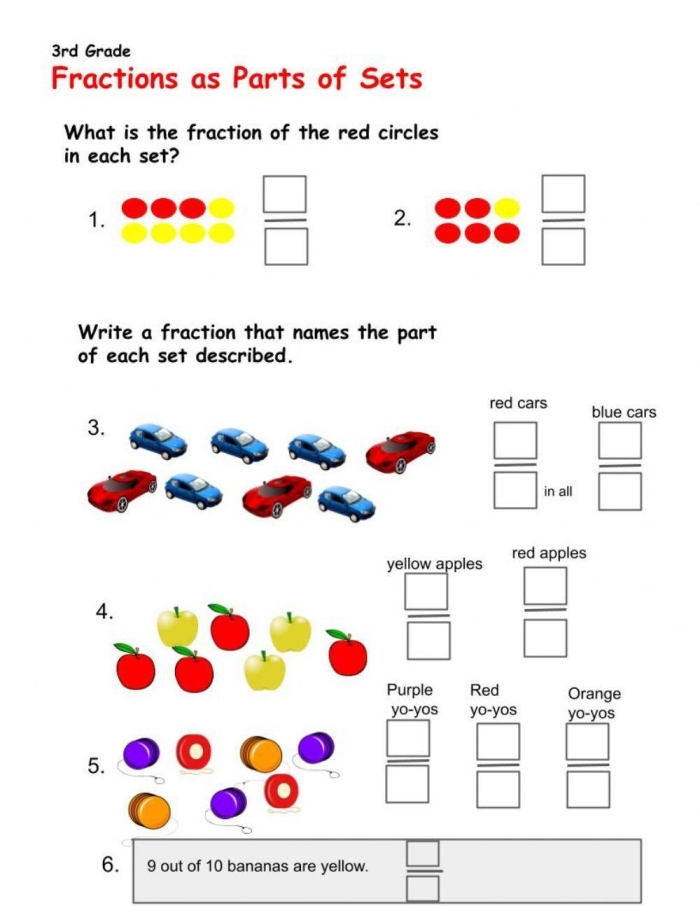 Colorful spring-themed worksheet for third graders learning about fractions of a set