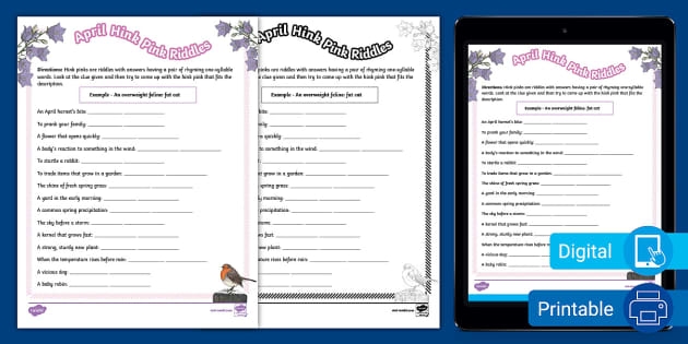 Sixth grade geometry worksheet featuring spring themed hink pink riddles number seventeen