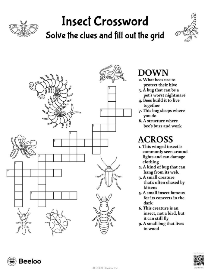 Insect-themed crossword puzzle for spring learning activities Spring crossword worksheet featuring various insects for second graders