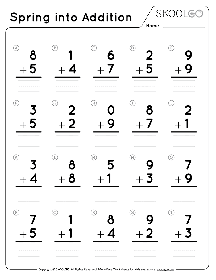Colorful Spring Into Addition worksheet featuring one-digit addition problems for first graders