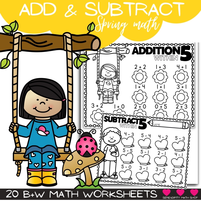 Colorful animal themed addition problems showing kindergarten students solving math equations with sums up to 20