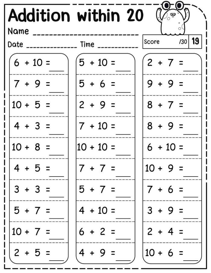 Colorful animal-themed addition problems showing kindergarten students solving math equations with sums up to 20