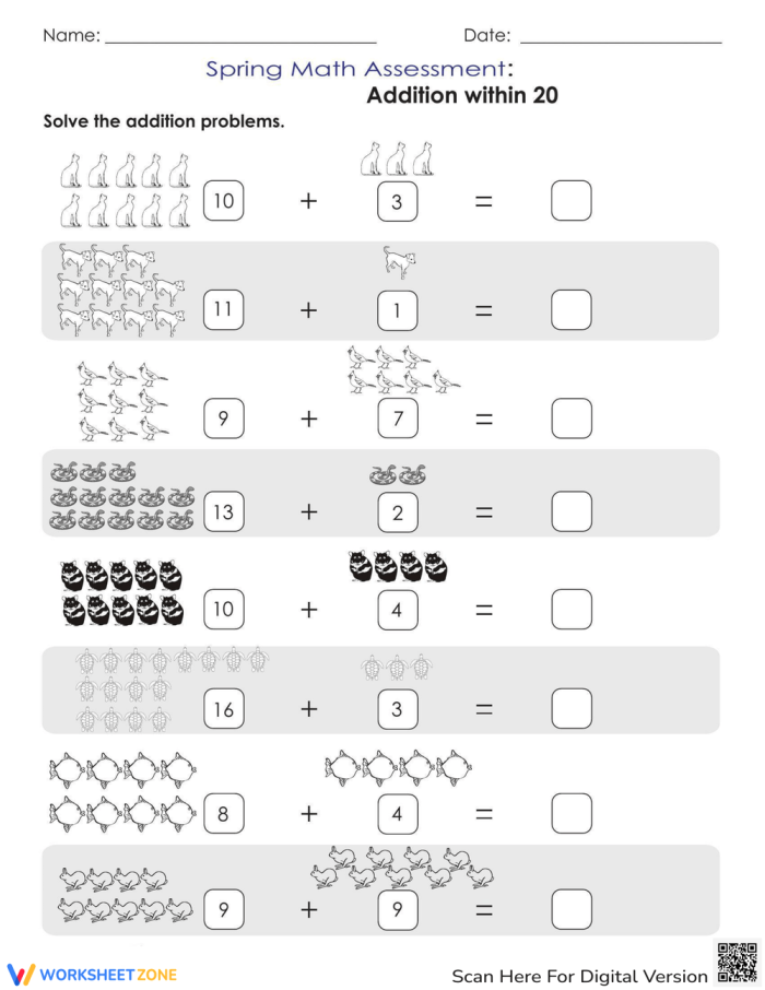 Colorful animal themed addition problems showing kindergarten students solving math equations with numbers up to 20
