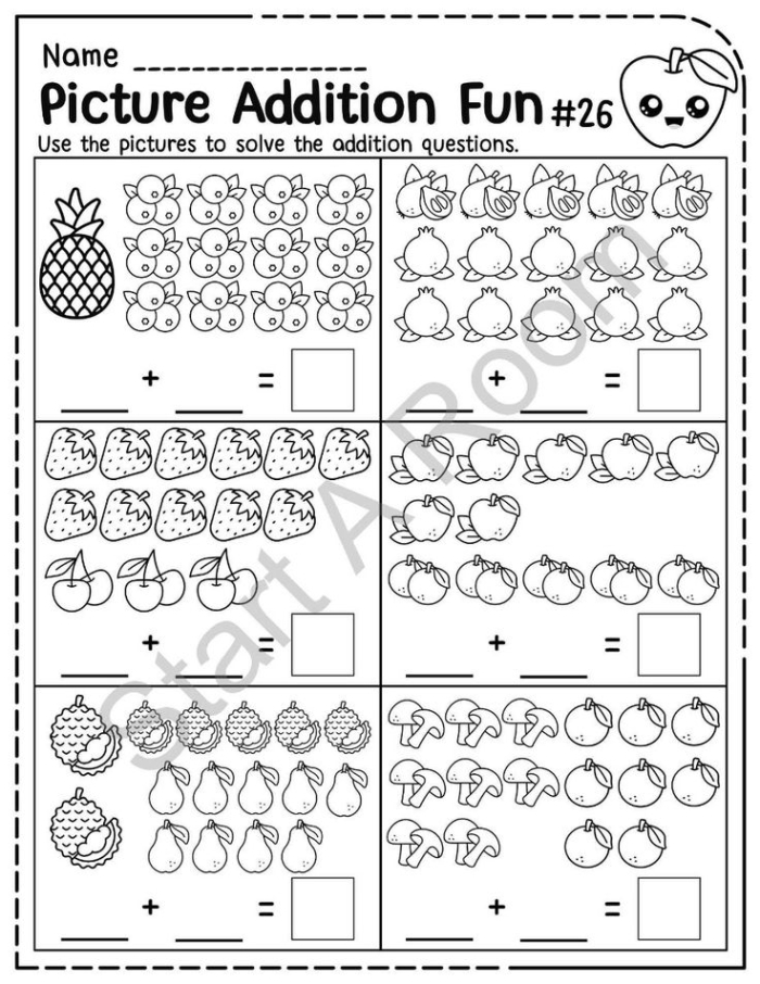 Colorful animal themed addition problems showing bunny and butterfly with numbers for kindergarten math assessment