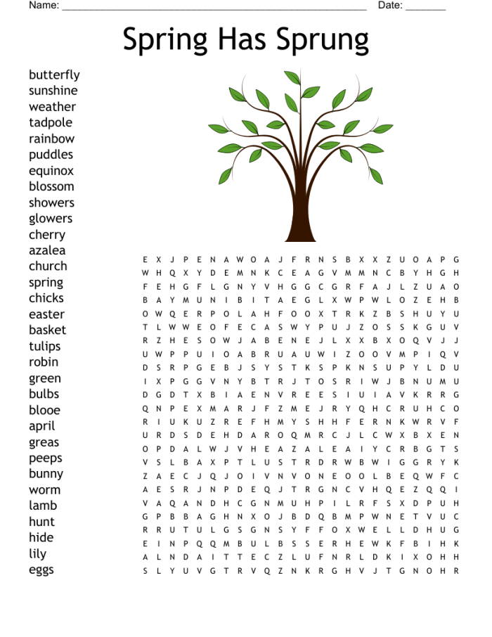 Spring-themed word search puzzle for kids featuring nouns, adjectives, and verbs