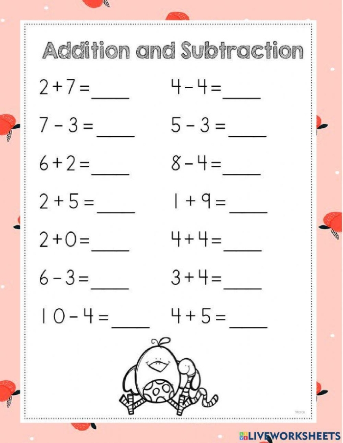 First grade spring math puzzle worksheet featuring addition and subtraction problems within 10 with colorful seasonal illustrations