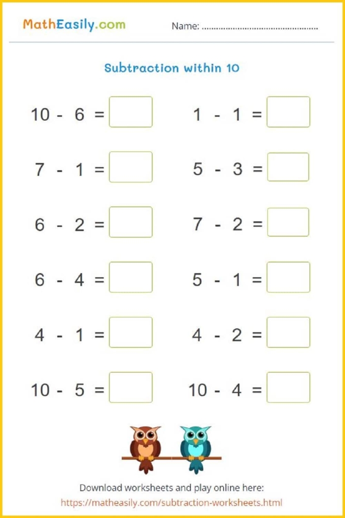 First grade spring math puzzle worksheet with addition and subtraction problems within 10 and colorful flower designs