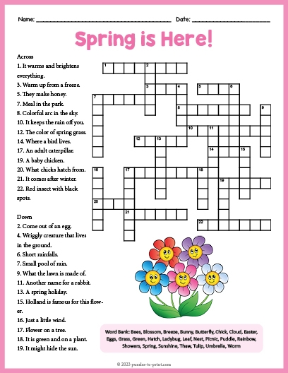 Second grade printable Spring Crossword Puzzle worksheet featuring fraction math problems