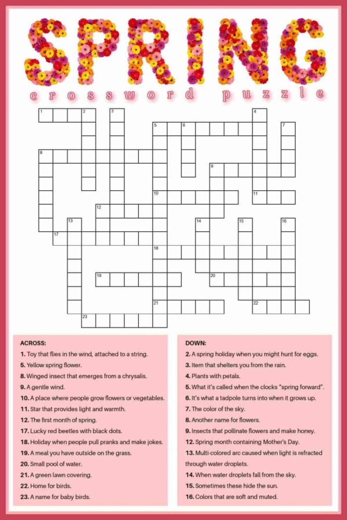 Second grade student completing a spring-themed crossword puzzle worksheet about fractions