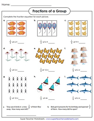 Colorful worksheet illustrating fractions of a set with a spring theme for third graders