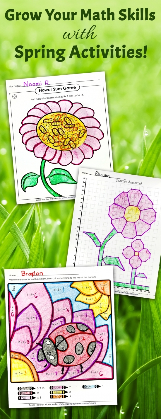 Fourth grade student working on a spring-themed math worksheet about converting inches to feet