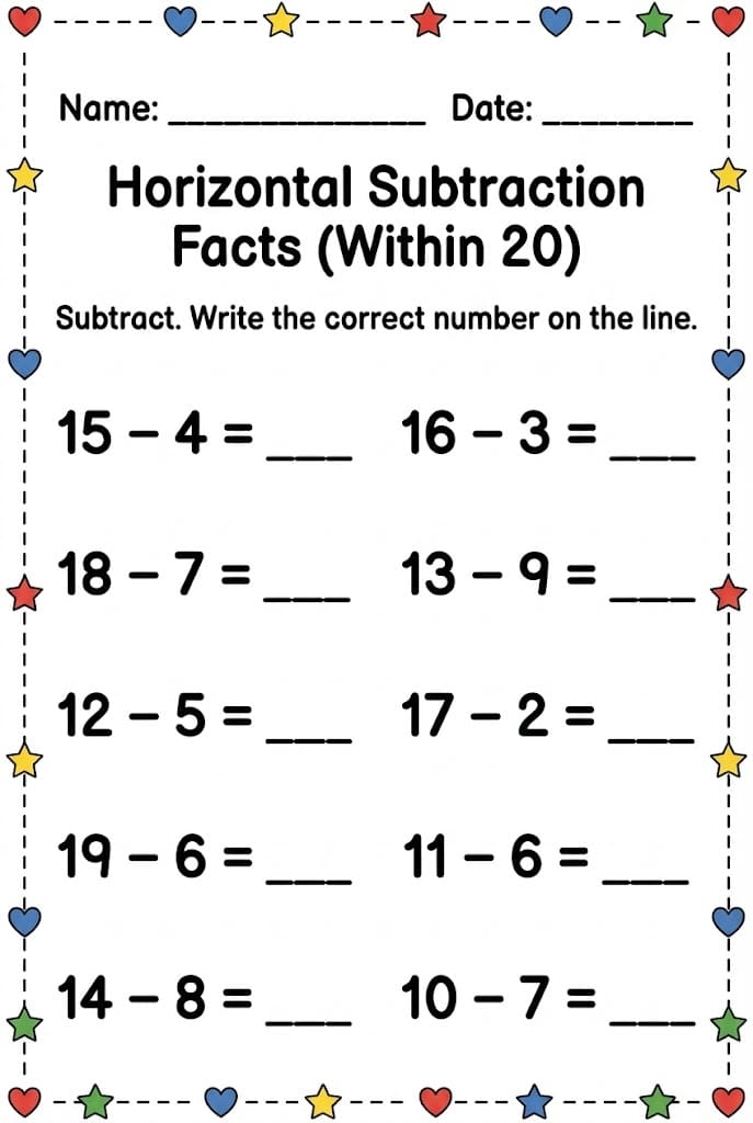 First grade spring puzzle worksheet featuring addition and subtraction problems within 20 for practice number 19