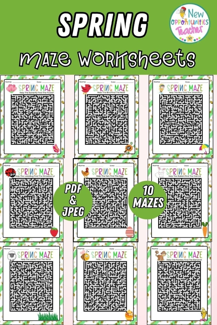 First grade printable maze activity featuring Bertie the butterfly searching for a spring flower