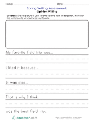 Spring Writing Assessment worksheet focusing on opinion writing for kindergarten students