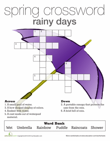 Second Grade Spring Rain Crossword Puzzle Worksheet 23 Spring Rain Crossword worksheet for second grade students featuring educational vocabulary practice 23