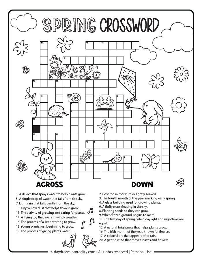Spring Rain Crossword Puzzle Worksheet 21 for Elementary Learning Second grade students solving a rain-themed spring crossword puzzle with clues about April showers and May flowers