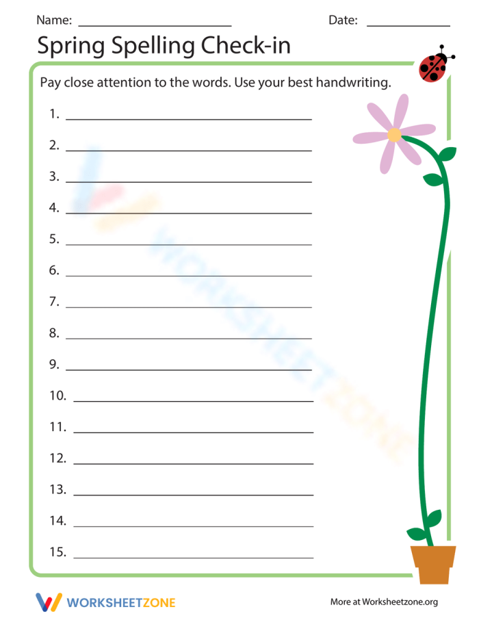 Third grade spring spelling worksheet with subtraction math problems
