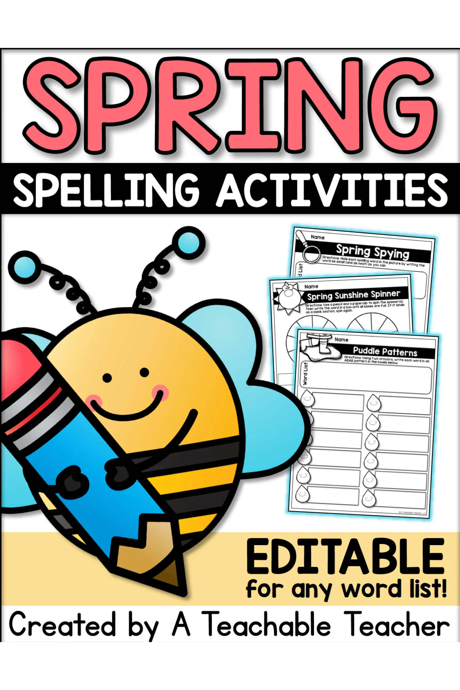 Third grade student completing a spring spelling worksheet with subtraction problems