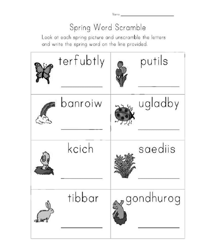 Third grade student completing a spring themed word scramble spelling exercise