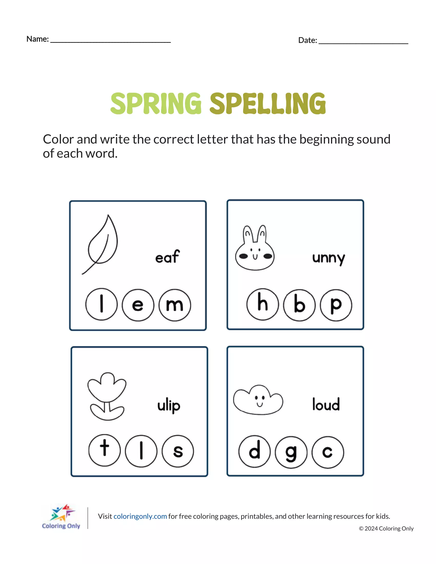 Third grade students practicing spring spelling words on a seasonal subtraction worksheet