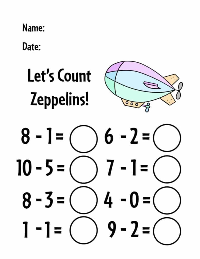 Kindergarten student completing a Spring-themed subtraction worksheet with counting pictures