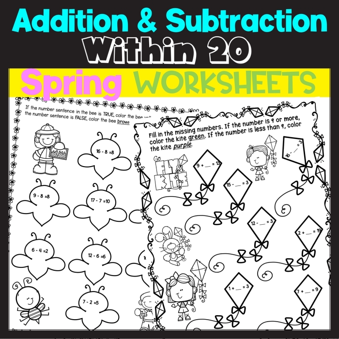 First grade math worksheet featuring toy themed subtraction problems within 20 for spring assessment