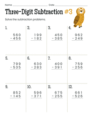 Third grade student solving springtime three-digit subtraction problems with regrouping on a math worksheet