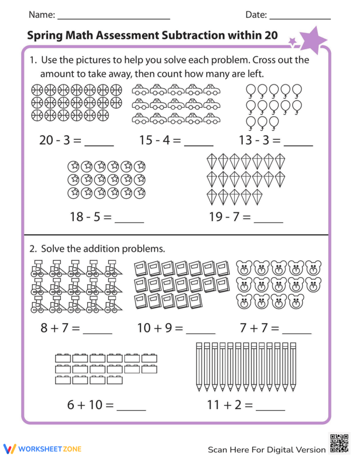 First grade spring math assessment worksheet showing toy themed subtraction problems within 20 for student evaluation