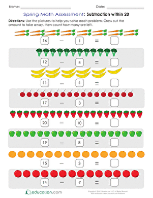 First grade math worksheet featuring toy themed subtraction problems within 20 for spring assessment