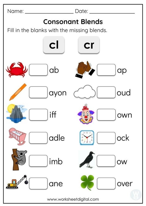 Colorful Consonant Blends worksheet for first graders celebrating Spring