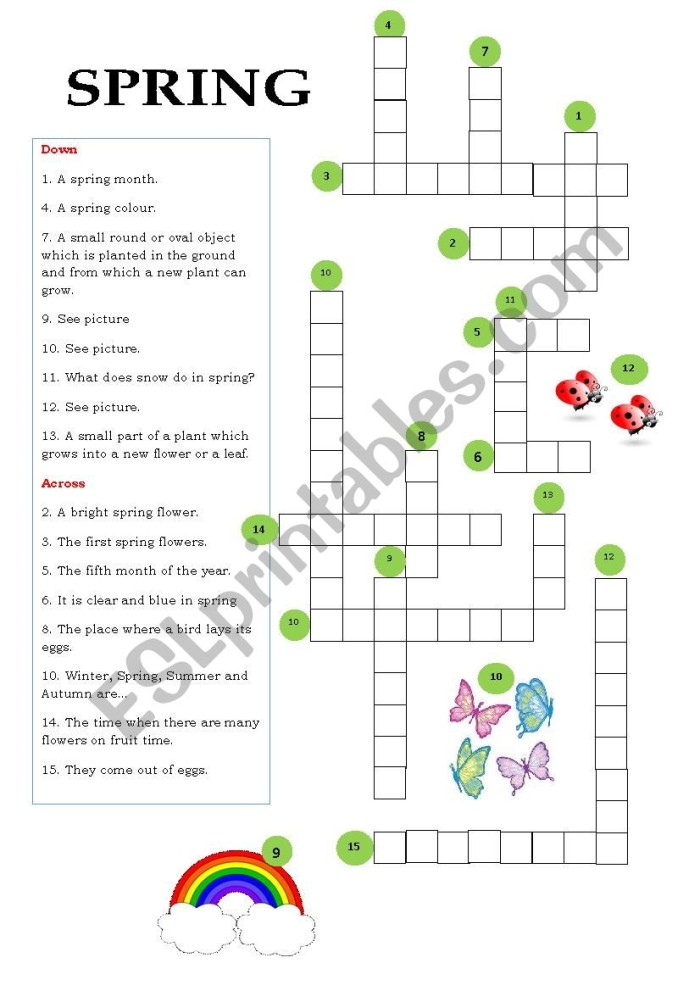 Spring Crossword Puzzle 19: Birds and Nesting Vocabulary Second grade spring crossword puzzle worksheet featuring nesting birds and spring vocabulary words for reading and writing practice