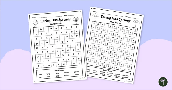 Third grade student finding seasonal words in a spring themed word search worksheet