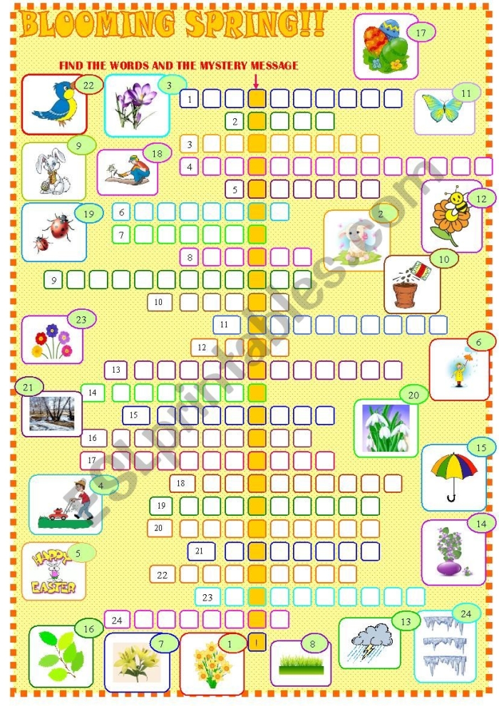 Second grade students solving a spring-themed crossword puzzle to practice vocabulary and spelling skills