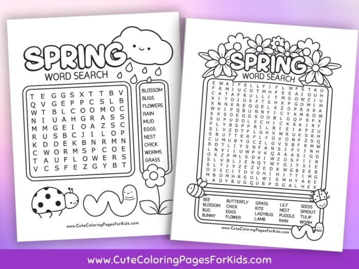 Kindergarten student solving a Spring Word Search vocabulary puzzle worksheet