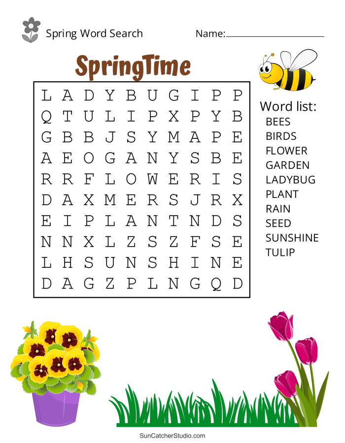 Kindergarten student working on a spring word search vocabulary worksheet to improve spelling skills